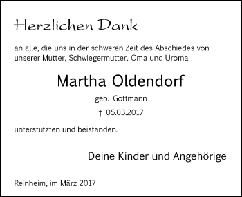 Traueranzeige von Martha Oldendorf von Trauerportal Echo Online