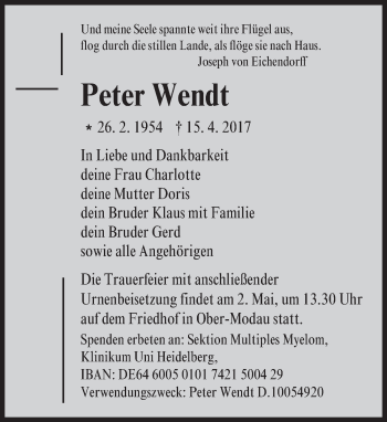 Traueranzeige von Peter Wendt von Trauerportal Echo Online