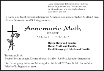 Traueranzeige von Annemarie Muth von Trauerportal Echo Online