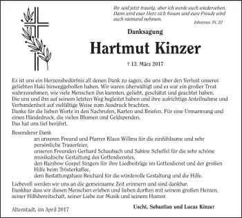 Traueranzeige von Hartmut Kinzer von  Kreisanzeiger