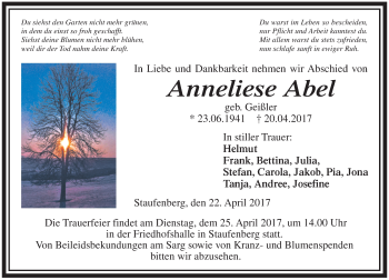 Traueranzeige von Anneliese Abel von  Gießener Anzeiger