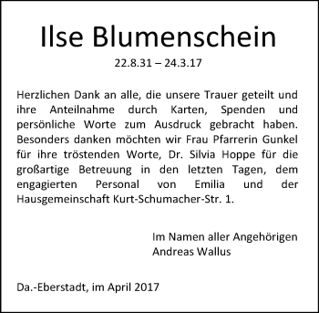 Traueranzeige von Ilse Blumenschein von Trauerportal Echo Online