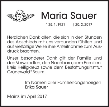 Traueranzeige von Maria Sauer von Trauerportal Rhein Main Presse