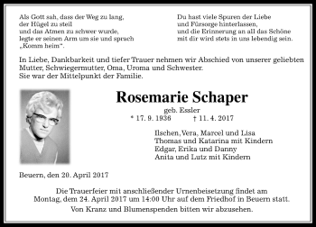 Traueranzeige von Rosemarie Schaper von  Gießener Anzeiger