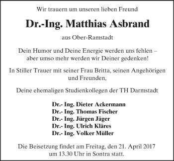 Traueranzeige von Matthias Asbrand von Trauerportal Echo Online
