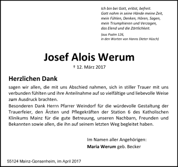 Traueranzeige von Josef Alois Werum von Trauerportal Rhein Main Presse