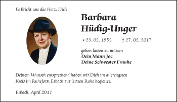 Traueranzeige von Barbara Hüdig-Unger von Trauerportal Echo Online
