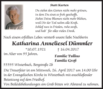 Traueranzeige von Katharina Anneliesel Dümmler von Trauerportal Rhein Main Presse