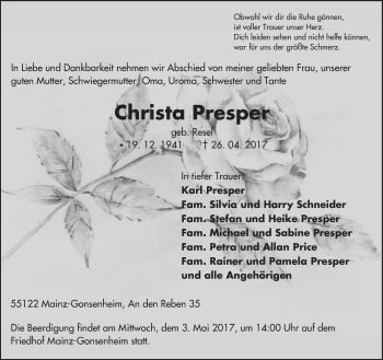Traueranzeige von Christa Presper von Trauerportal Rhein Main Presse