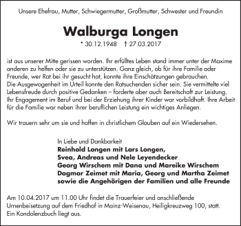 Traueranzeige von Walburga Longen von Trauerportal Rhein Main Presse