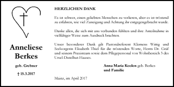 Traueranzeige von Anneliese Berkes von Trauerportal Rhein Main Presse