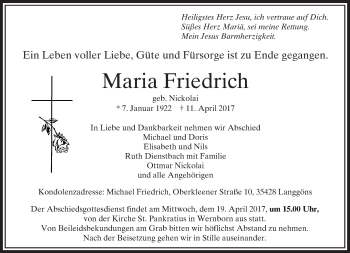 Traueranzeige von Maria Friedrich von  Usinger Anzeiger