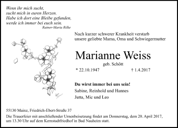 Traueranzeige von Marianne Weiss von Trauerportal Rhein Main Presse