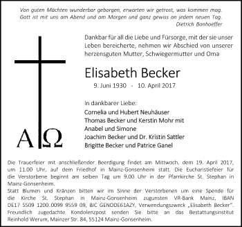 Traueranzeige von Elisabeth Becker von Trauerportal Rhein Main Presse