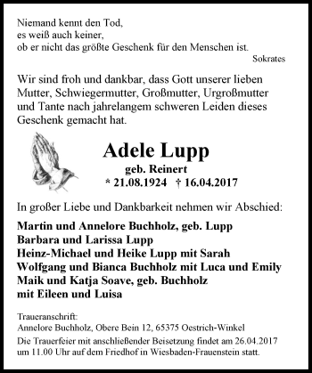 Traueranzeige von Adele Lupp von Trauerportal Rhein Main Presse