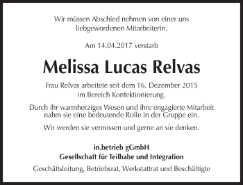 Traueranzeige von Melissa Lucas Relvas von Trauerportal Rhein Main Presse