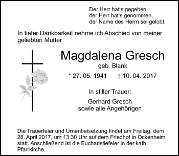 Traueranzeige von Magdalena Gresch von Trauerportal Rhein Main Presse