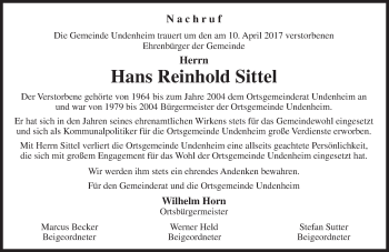 Traueranzeige von Hans Reinhold Sittel von Trauerportal Rhein Main Presse