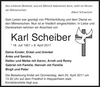 Traueranzeige von Karl Scheiber von Trauerportal Echo Online