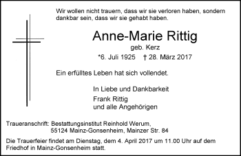 Traueranzeige von Anne-Marie Rittig von Trauerportal Rhein Main Presse