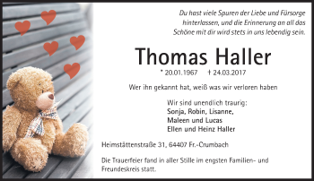 Traueranzeige von Thomas Haller von Trauerportal Echo Online