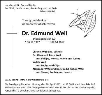 Traueranzeige von Edmund Weil von Trauerportal Rhein Main Presse