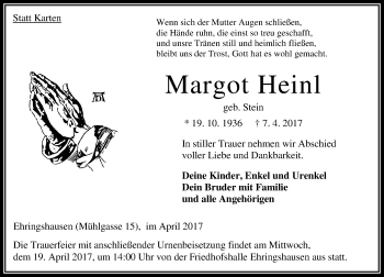 Traueranzeige von Margot Heinl von VRM Trauer
