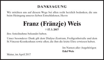 Traueranzeige von Franz  Weis von Trauerportal Rhein Main Presse