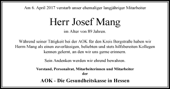 Traueranzeige von Josef Mang von Trauerportal Echo Online