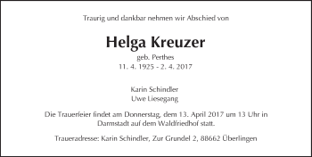 Traueranzeige von Helga Kreuzer von Trauerportal Echo Online