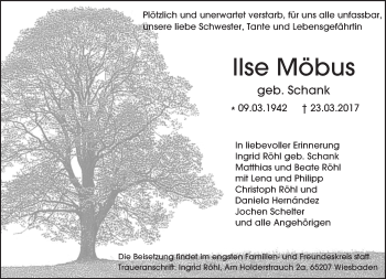 Traueranzeige von Ilse Möbus von Trauerportal Rhein Main Presse