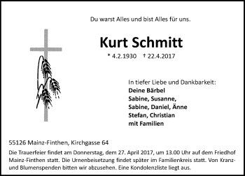 Traueranzeige von Kurt Schmitt von Trauerportal Rhein Main Presse