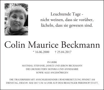 Traueranzeige von Colin Maurice Beckmann von Trauerportal Echo Online