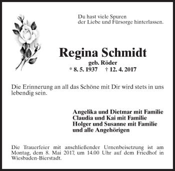 Traueranzeige von Regina Schmidt von Trauerportal Rhein Main Presse