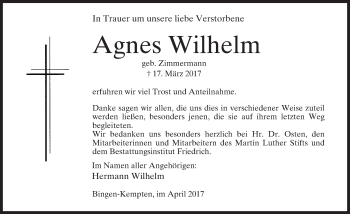 Traueranzeige von Agnes Wilhelm von Trauerportal Rhein Main Presse
