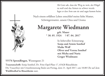 Traueranzeige von Margarete Wiedmann von Trauerportal Rhein Main Presse