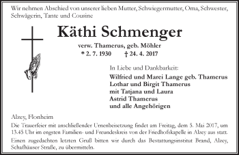 Traueranzeige von Käthi Schmenger von Trauerportal Rhein Main Presse