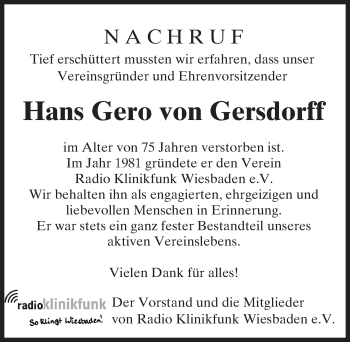 Traueranzeige von Hans Gero  von Gersdorff von Trauerportal Rhein Main Presse
