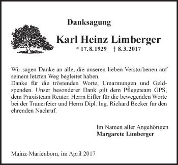 Traueranzeige von Karl Heinz Limberger von Trauerportal Rhein Main Presse