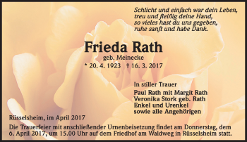 Traueranzeige von Frieda Rath von Trauerportal Rhein Main Presse