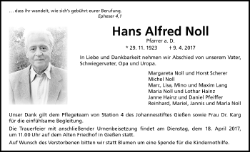 Traueranzeige von Hans Alfred Noll von  Gießener Anzeiger