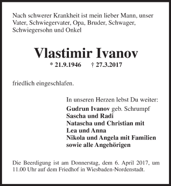 Traueranzeige von Vlastimir Ivanov von Trauerportal Rhein Main Presse