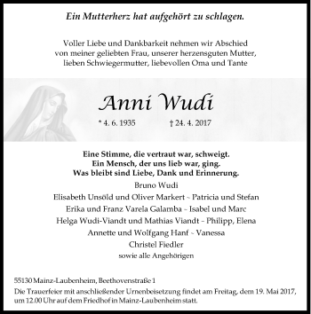 Traueranzeige von Anni Wudi von Trauerportal Rhein Main Presse