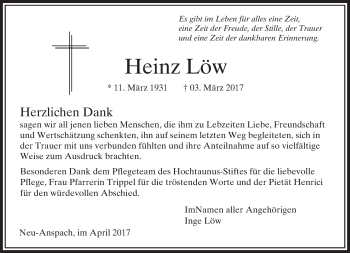 Traueranzeige von Heinz Löw von  Usinger Anzeiger