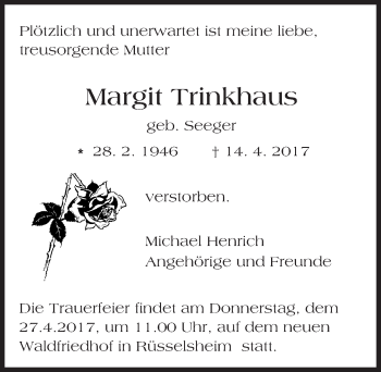 Traueranzeige von Margit Trinkhaus von Trauerportal Rhein Main Presse
