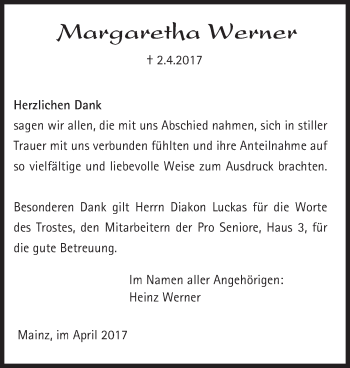 Traueranzeige von Margaretha Werner von Trauerportal Rhein Main Presse