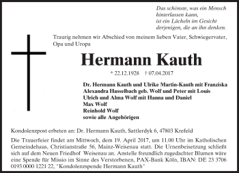 Traueranzeige von Hermann Kauth von Trauerportal Rhein Main Presse