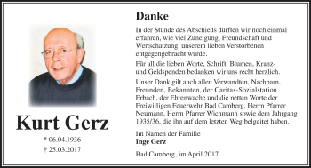 Traueranzeige von Kurt Gerz von  Camberger Anzeiger