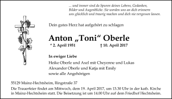 Traueranzeige von Anton  Oberle von Trauerportal Rhein Main Presse