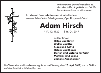 Traueranzeige von Adam Hirsch von Trauerportal Echo Online